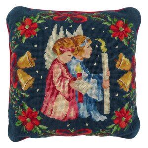 Vintage Needlepoint Praying Angel Children Red Flowers Bow Bells Square Pillow
